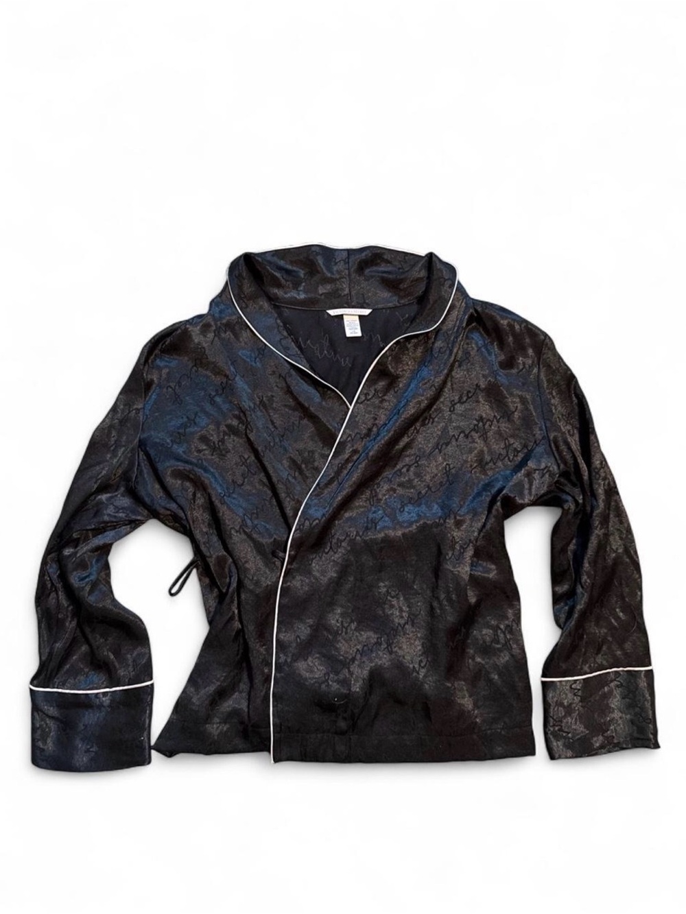 Victoria's Secret Black Satin Robe Jacket with Baby Pink Piping